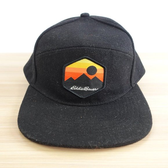 Eddie Bauer Cap Black Baseball Wool Hiking Graphic Snapback 5 Panel Hat Sunrise - Picture 1 of 10